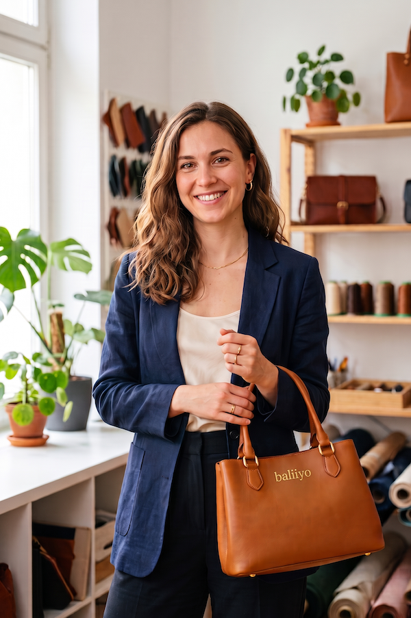 Hope KC in the workshop, holding a tan leather bag